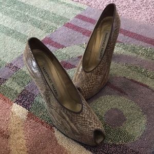 Practically new, open toe, snake skin look